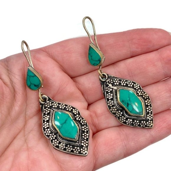Gypsy Earrings, Green Jasper, Boho, Vintage, Middle Eastern, Gypsy, Hippie - Picture 2 of 3